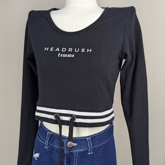 Headrush Femme Black Cropped Sweater – XXS – Long Sleeve Drawstring Pullover - Picture 2 of 7